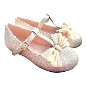 Rose Gold Sparkle T Strap Shoes With Bow Girls Size 8